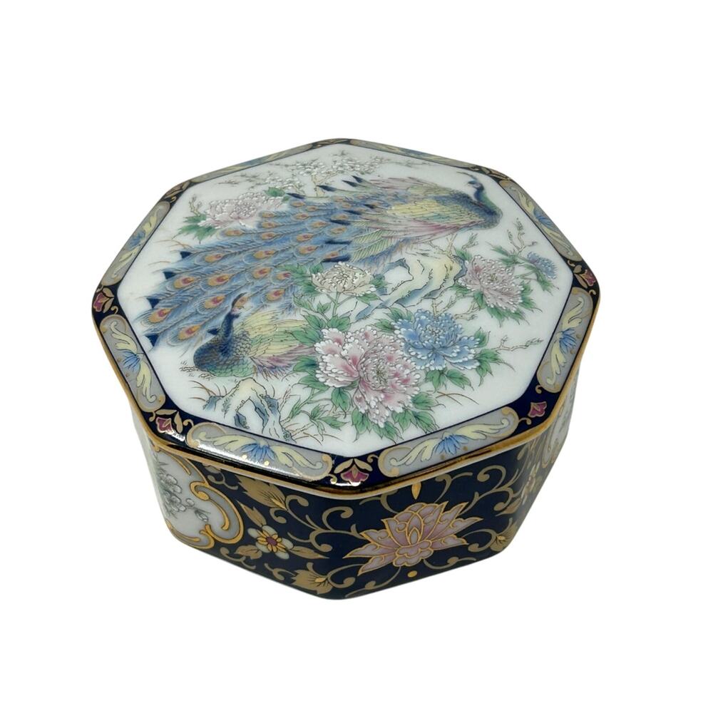 Vintage Asahi Japan Octagon Trinket Box Peacock Lotus Flowers